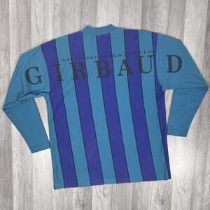 VIT 90s Girbaud Long Sleeve Shirt Blue Purple Striped Spell Out Single Stitch OS